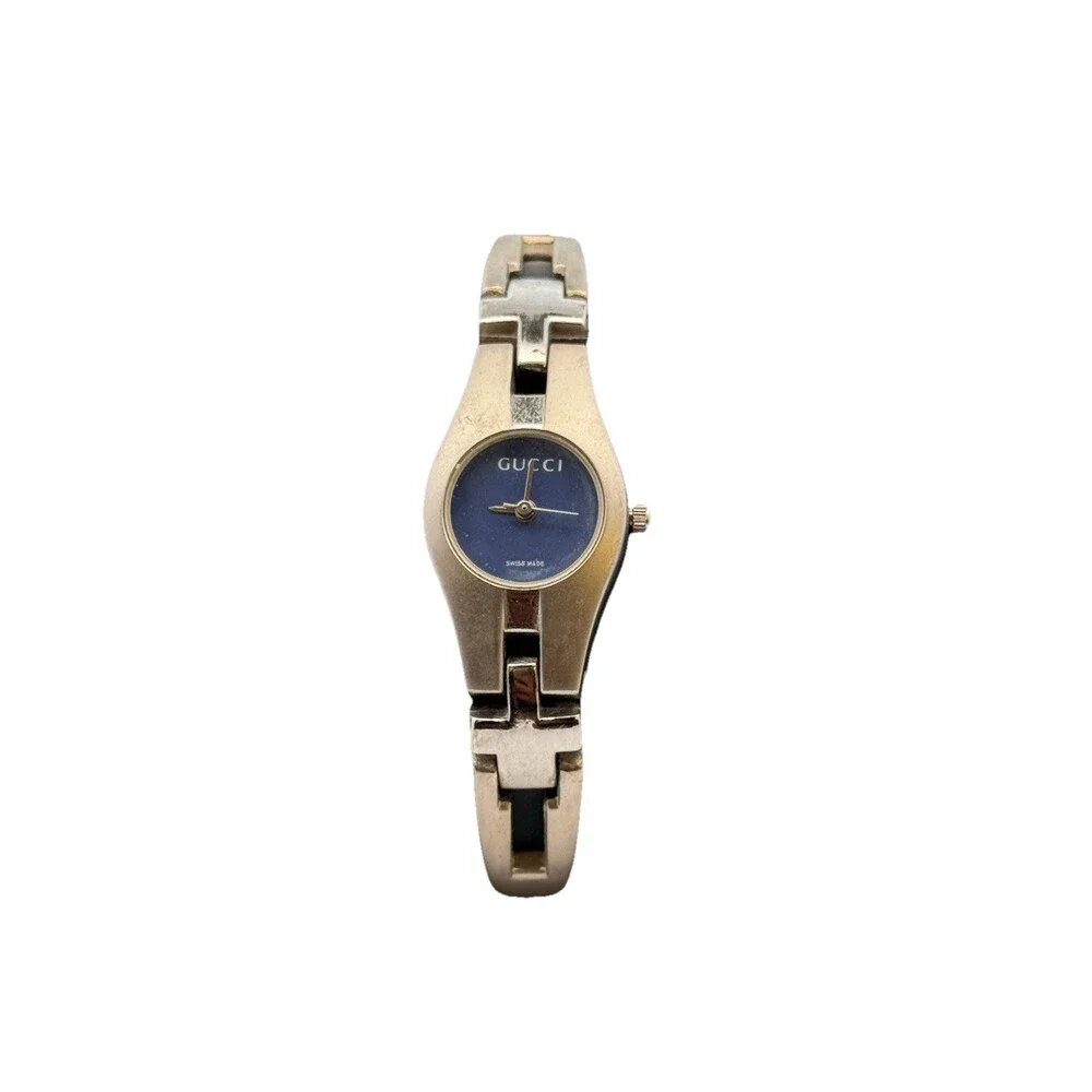 Vintage 1990's Gucci Brushed Silver Tone Blue Dial Stainless Steel Ladies Watch